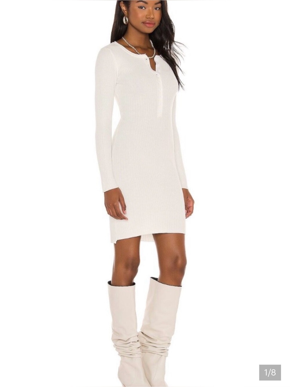 Long-Sleeve Ribbed Henley Dress - White